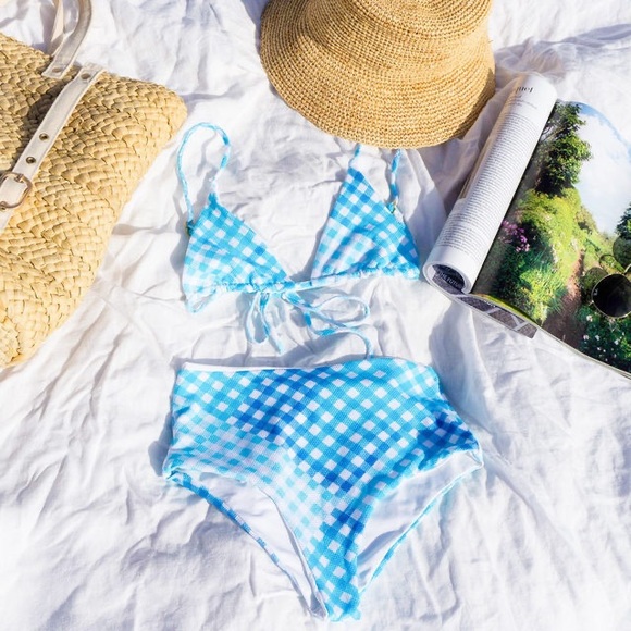 L*Space Turquoise Picnic Plaid String Bikini Top | Portia High Waisted Bottom - Picture 4 of 13